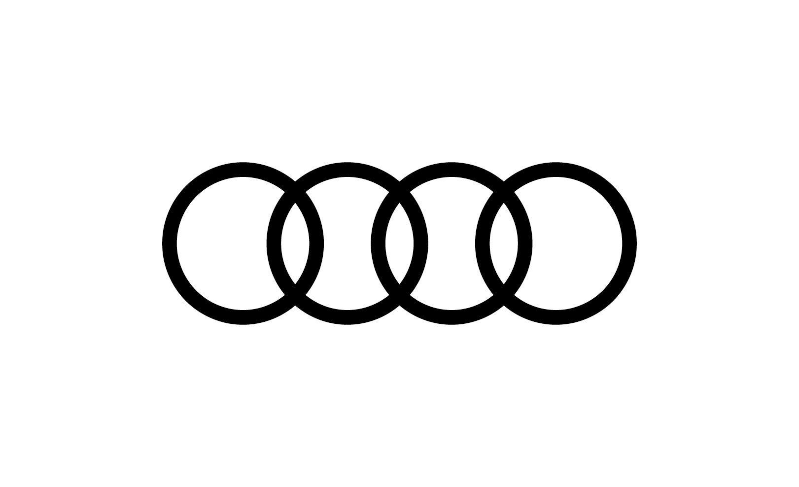 Audi logo, four interlocking black rings in a horizontal row on a white background.