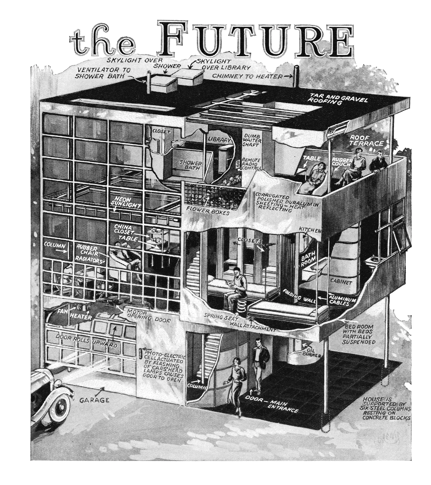 <p>A. Lawrence Kocher and Albert Frey (architects) and Logan U. Reavis (illustrator), “The Home of the Future” cutaway illustration of Aluminaire House, in <em>Popular Mechanics</em>, August 1931; house built 1931, Los Angeles County Museum of Art, Mr. and Mrs. Allan C. Balch Art Research Library, Popular Mechanics/Hearst Magazine Media, Inc.</p>