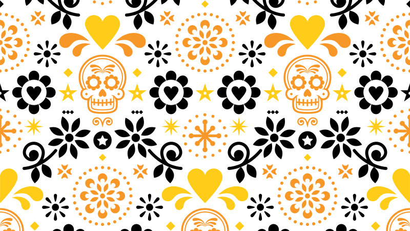 pattern of calaveras in orange, black, and yellow