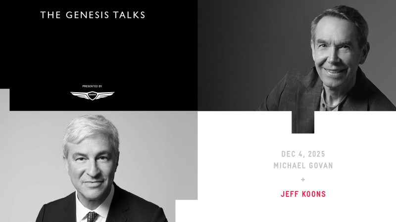 Headshots of Michael Govan and Jeff Koons with text "The Genesis Talks: Presented by Genesis. Dec 4, 2025, Jeff Koons + Michael Govan"