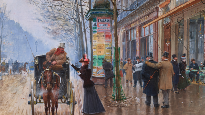 Jean Béraud, A Parisian Street Scene: Boulevard des Capucines, c. late 1897–early 1898, Los Angeles County Museum of Art, gift of the 2024 Collectors Committee with additional funds provided by Rob Levine and Larry Ginsberg, photo © Museum Associates/LACMA