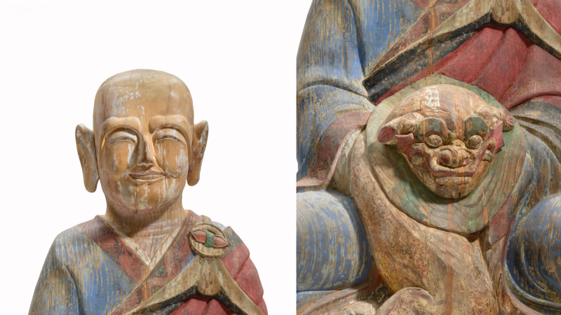 Wooden Seated Arhat, Joseon dynasty (1392-1910), 19th century, carved wood with pigments, 32 x 22 x 13 in. (81.3 x 55.9 x 33.0 cm), Los Angeles County Museum of Art, purchased with Museum Funds (M.2000.15.140), photo © Museum Associates/LACMA