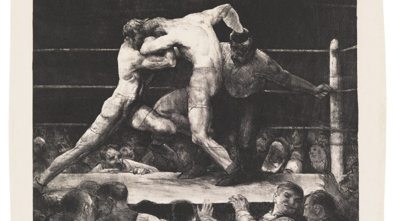 Black and white scene depicting a boxing match