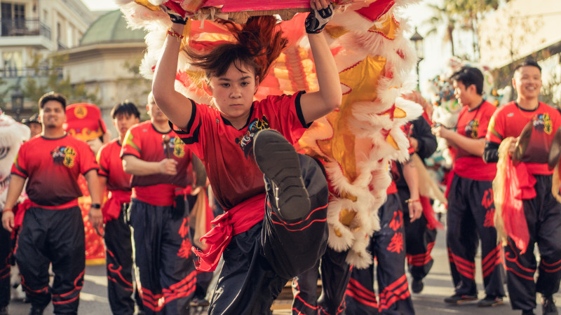 Dancers on the street with props