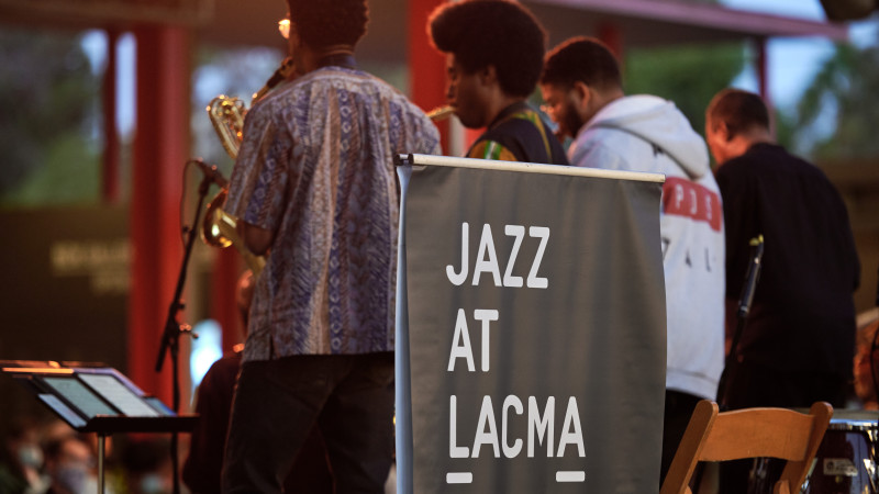 Photo of musicians and sign reading "Jazz at LACMA"