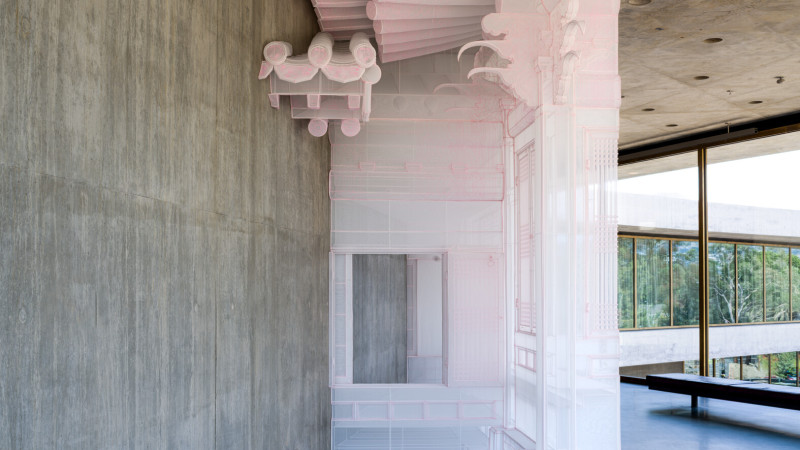 Pink architectural installation in gallery