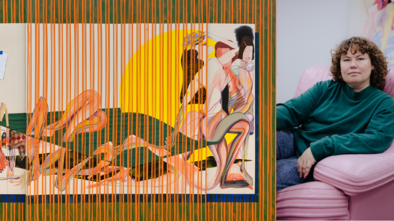 Photo of artwork; photo of person sitting on chair