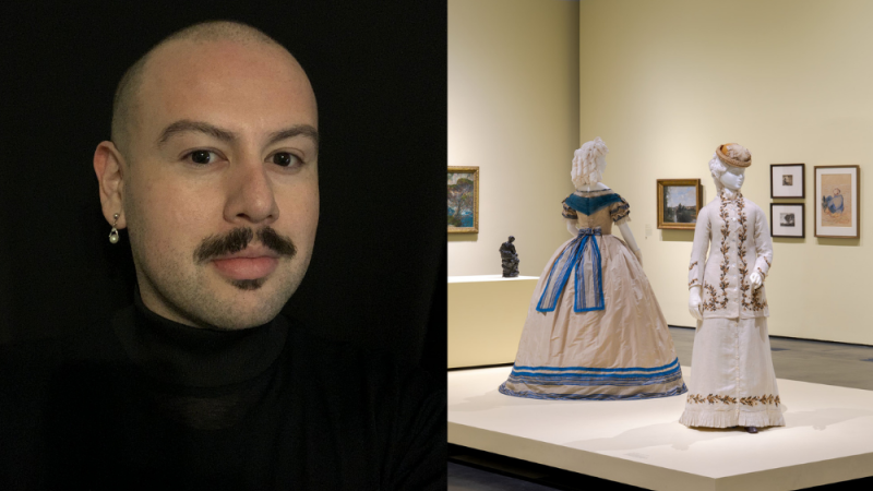 Headshot; photo of artworks and costumes in galleries