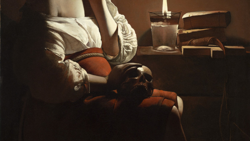 Painting of woman looking at candle