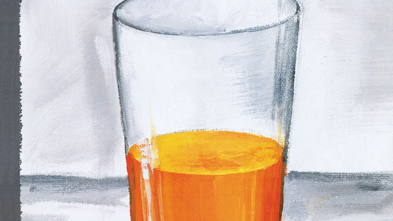 The New Yorker cover illustration of a glass of orange juice on a grey background