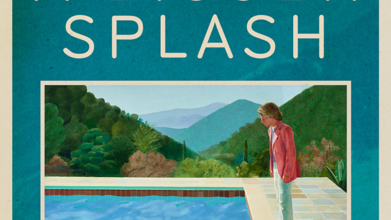 Movie poster for A Bigger Splash, featuring beige text on a blue-green background reminiscent of a swimming pool’s water and a figure with short blond hair in a red and white sweater with back to viewer squatting and looking at David Hockney’s Portrait of an Artist (Pool With Two Figures) (1972)