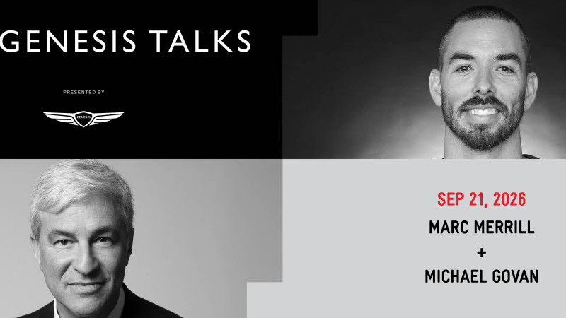 Promotional graphic for "The Genesis Talks," presented by Genesis, featuring headshots of Marc Merrill and Michael Govan with event date September 21, 2026.