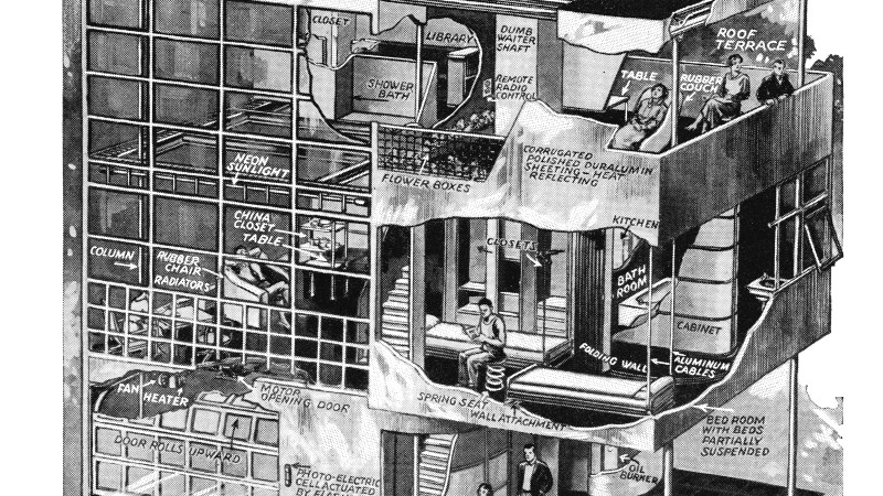 Illustrative blueprints of a multi-level family home meant to showcase how Americans would live in the Future