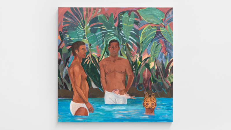 Painting of two men in a body of water one is holding a fish, one is wearing a cheetah mask