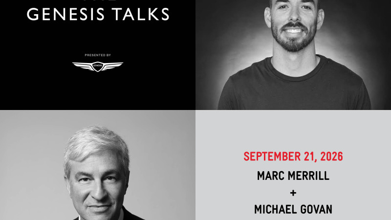 Promotional graphic for "The Genesis Talks," presented by Genesis, featuring headshots of Marc Merrill and Michael Govan with event date September 21, 2026.