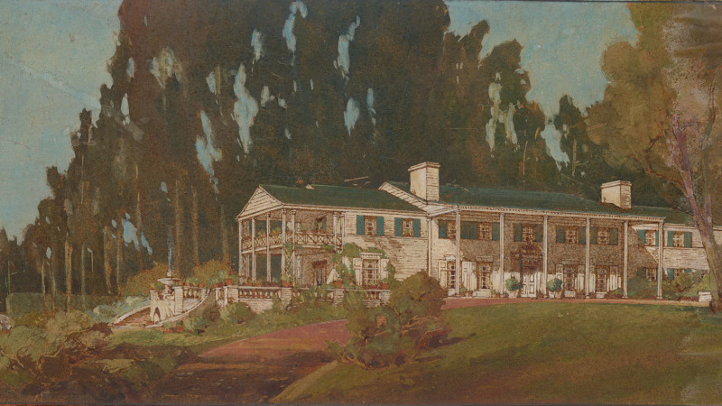 Watercolor illustration of a large white colonial-style mansion with green roof and shutters, a columned two-story porch, set before tall dark trees with a fountain and garden path in the foreground.