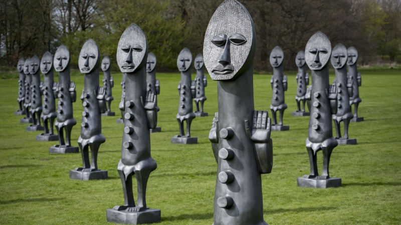 Zak Ové, The Invisible Men and the Masque of Blackness, 2016, installation view, Yorkshire Sculpture Park, Yorkshire, UK, 2016-17, © Zak Ové, Courtesy Modern Forms, Vigo gallery, the artist and YSP, Photo © Jonty Wilde