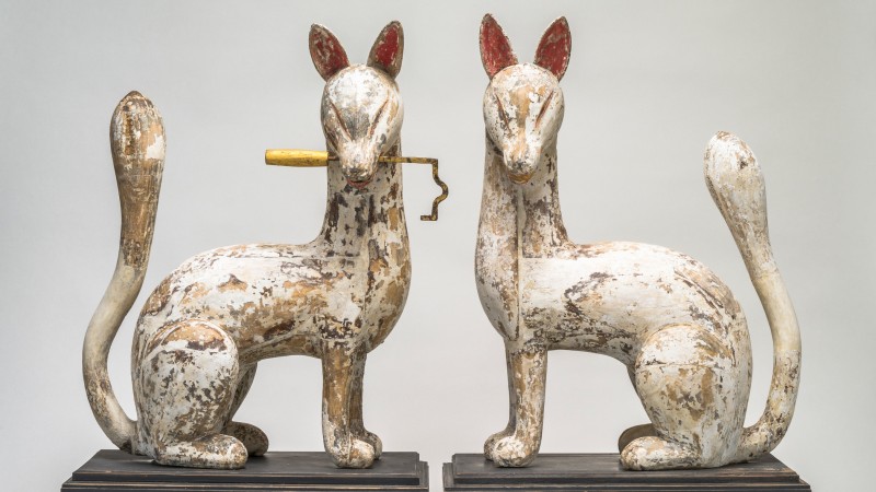 Unknown, Pair of Inari Foxes, Kamakura - Nanbokuchō periods, 13th - 14th century, wood, a) Right sculpture: 20 7/8 × 15 3/4 × 8 11/16 in. (53 × 40 × 22 cm), a) Right base: 5 7/8 × 16 9/16 × 9 1/4 in. (15 × 42.1 × 23.5 cm), b) Left sculpture: 20 1/2 × 15 9/16 × 8 1/4 in. (52 × 39.5 × 21 cm), b) Left base: 5 7/8 × 16 5/8 × 9 7/16 in. (15 × 42.2 × 24 cm), Kiyama Jinja
