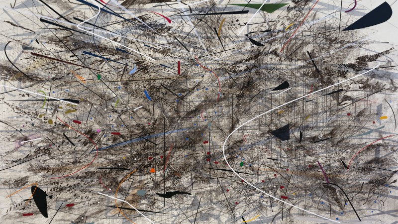 Julie Mehretu, Black City, 2007, ink and acrylic on canvas, 120 × 192 in., Pinault Collection, © Julie Mehretu, photograph by Tim Thayer