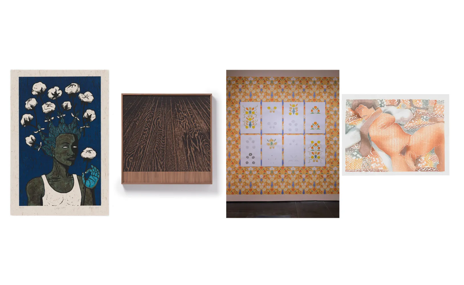 Alison Saar, Mullowney Printing, High Cotton II, 2018, Los Angeles County Museum of Art, purchased with funds provided by Prints and Drawings Art Acquisition Fund and Karen R. Constine., © Alison Saar, photo © Museum Associates/LACMA; Monica Majoli, Shoichi Kitamura, Makoto Nakayama, Sato Mokuhanga Studio, Blueboy Introduces Roger, 2020, Los Angeles County Museum of Art, Gift of Kim and Keith Allen-Niesen, © Monica Majoli, photo © Museum Associates/LACMA; Analia Saban, Gemini G.E.L., Case Hudson, Amy Jo Toucey, Oliver Dewey-Gartner, Wooden Floor on Wood (One-Point Perspective), 2017, Los Angeles County Museum of Art, Prints and Drawings Art Acquisition Fund, photo © Museum Associates/LACMA; Installation photo, Deep Cuts: Block Printing Across Cultures at the Los Angeles County Museum of Art, Nov 9, 2025–Sep 13, 2026, photo © Museum Associates/LACMA, by Jonathan Urban