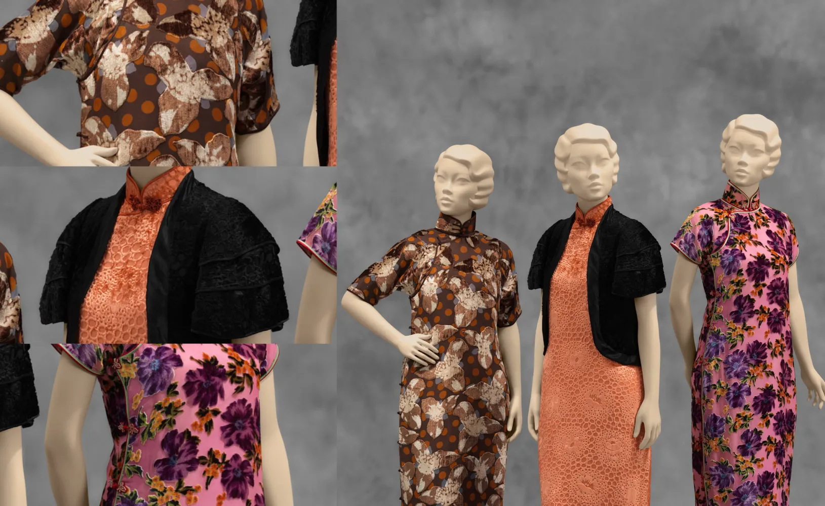 Woman's Dress (Qipao), China, Shanghai, c. 1933, Los Angeles County Museum of Art, Costume Council Fund, Sincere Co. Ltd., Woman's Ensemble (Dress [Qipao] and Jacket), China, Shanghai, early 1930s, Los Angeles County Museum of Art, Costume Council Fund, Woman's Dress (Qipao), China, 1939–40, Los Angeles County Museum of Art, Costume Council Acquisition Fund, © Jason Wu, photo © Museum Associates/LACMA