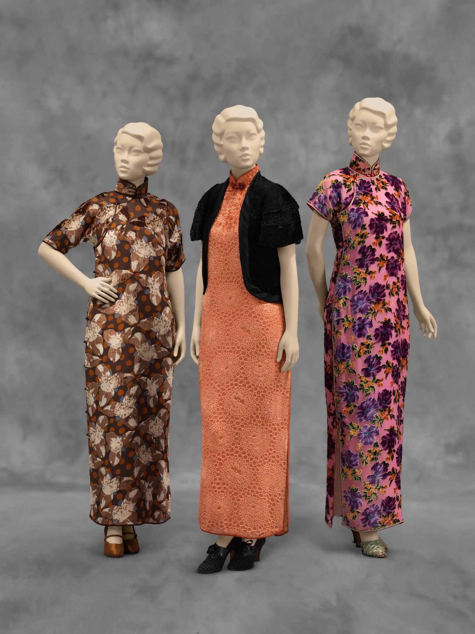 Dress (Qipao), China, Shanghai, c. 1933; Sincere Co. Ltd., Woman's Ensemble (Dress [Qipao] and Jacket), China, Shanghai, early 1930s; and Woman's Dress (Qipao), China, 1939–40, Los Angeles County Museum of Art, Costume Council Acquisition Fund, © Jason Wu, photo © Museum Associates/LACMA