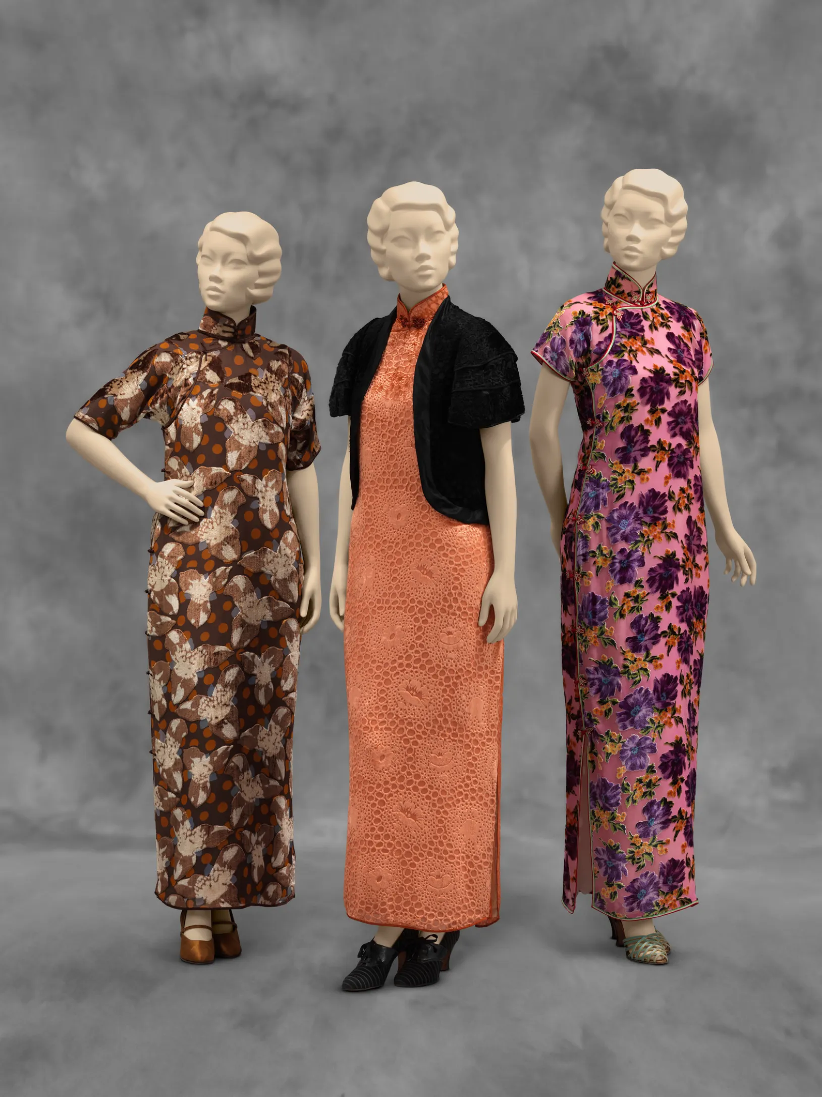 <p>Woman's Dress (Qipao), China, Shanghai, c. 1933, Los Angeles County Museum of Art, Costume Council Fund, Sincere Co. Ltd., Woman's Ensemble (Dress [Qipao] and Jacket), China, Shanghai, early 1930s, Los Angeles County Museum of Art, Costume Council Fund, Woman's Dress (Qipao), China, 1939–40, Los Angeles County Museum of Art, Costume Council Acquisition Fund, © Jason Wu, photo © Museum Associates/LACMA</p>