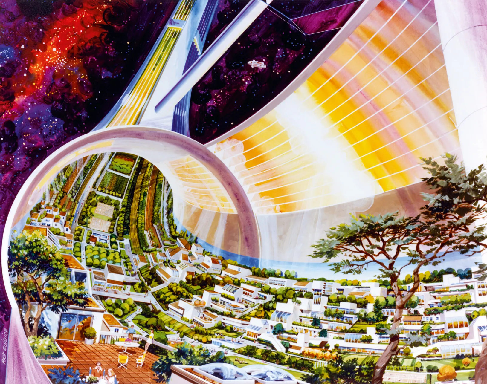 Illustration of a rotating space colony interior, showing a lush landscape with homes, farmland, and trees inside a curved cylindrical structure, with mirrors reflecting sunlight and stars visible beyond.