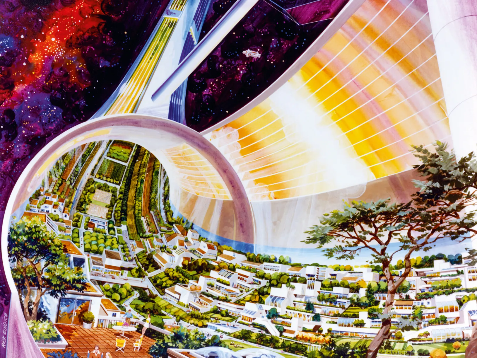 <p>Rick Guidice for NASA, <em>Cutaway of Torus Wheel Habitat</em>, 1975, NASA Ames Research Center, © Rick Guidice, photo courtesy of NASA Ames Research Center</p>