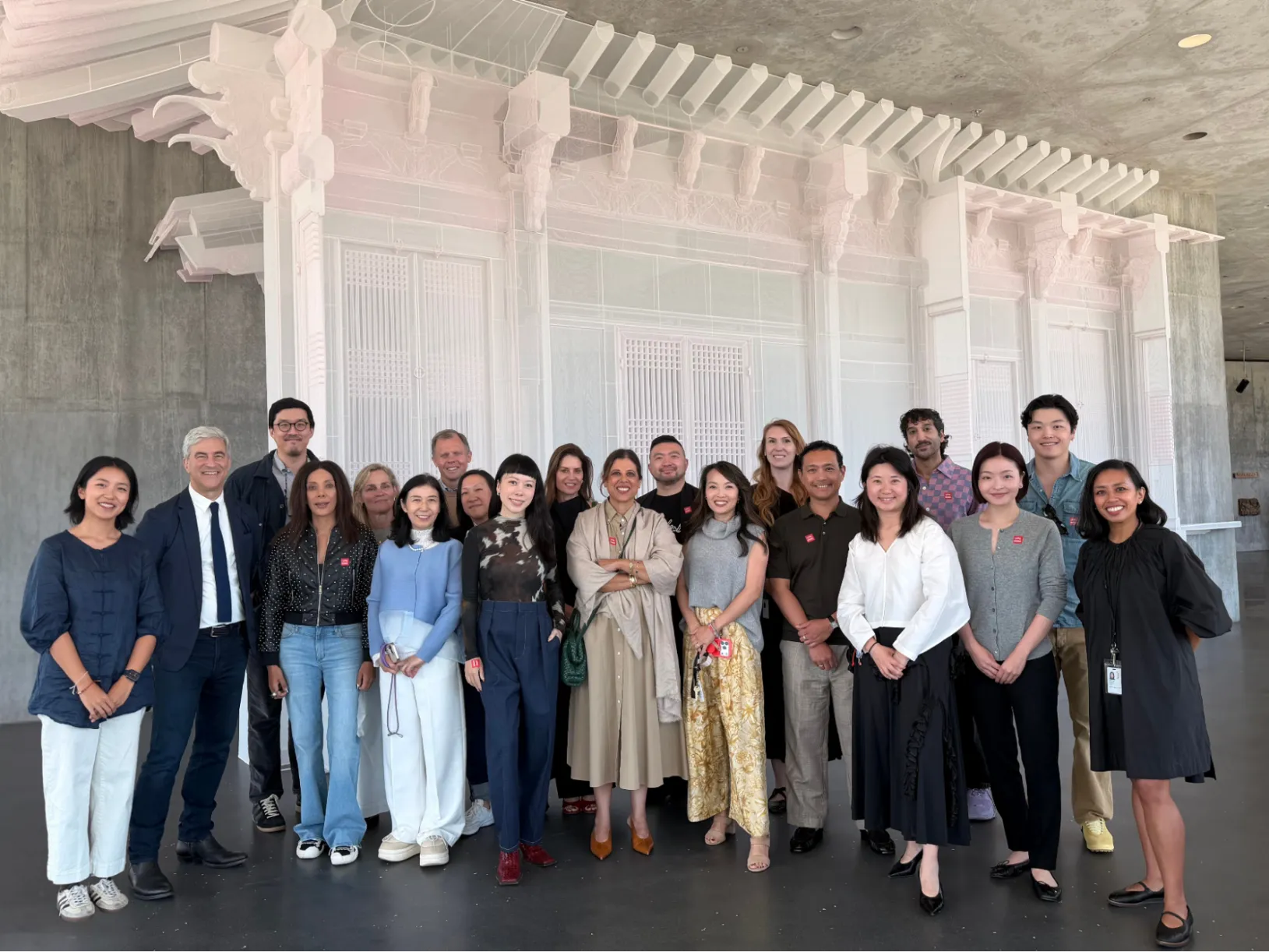 <p>LAADI inaugural gathering attendees, including Michael Govan, LACMA CEO and Wallis Annenberg Director; Susie Ferrell, Wynn Resorts Associate Curator, Chinese and Korean Art Department; and Clarissa Esguerra, curator, Costume and Textiles, with Do Ho Suh’s <em>Jagyeong Hall, Gyeongbok Palace</em> (2026) in the David Geffen Galleries at LACMA, Commissioned by the Los Angeles County Museum of Art with funds provided by Shinsegae, Korea Foundation and CJ Entertainment, © Do Ho Suh, photo © Museum Associates/LACMA</p>