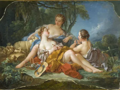 Oil painting of three young women reclining outdoors in loose draped garments, one partially bathed in light holding a bird, sheep nearby, flower basket and straw hat on the ground.