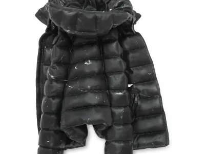 Black quilted puffer jacket with a large hood, crumpled and laid flat, showing scattered scuff marks and wear across the fabric.