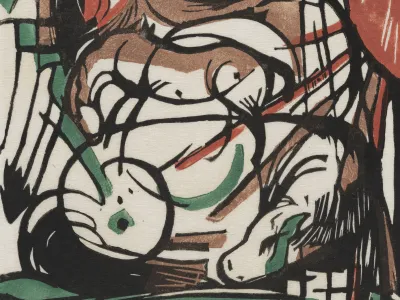 Abstract print with bold black outlines dividing a figure's head and torso, filled with earthy brown, white, green, and red-orange color blocks in a cubist style.